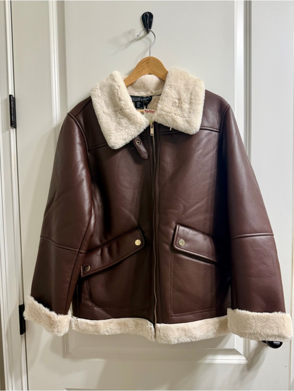 Rachel Zoe Cream-Trim Brown Faux Leather Aviator Jacket sz M